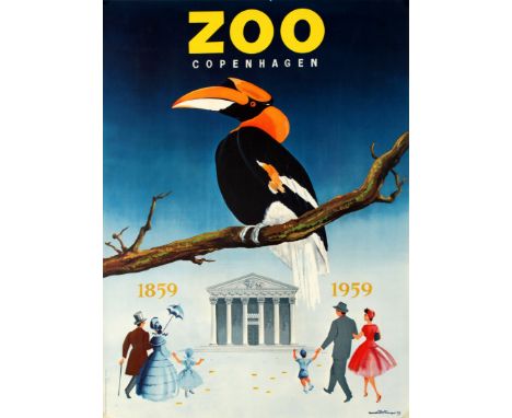 Original vintage advertising poster celebrating the 100 year anniversary of the opening of the Copenhagen Zoo in 1859 featuri