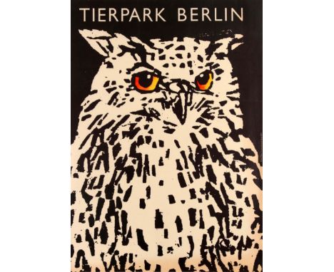 Original vintage poster for the Berlin Zoo - Tierpark Berlin (founded 1955). Great image of a white owl with orange and yello