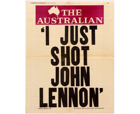 Original vintage advertising poster issued by the newspaper The Australian: I Just Shot John Lennon. Advertising board poster