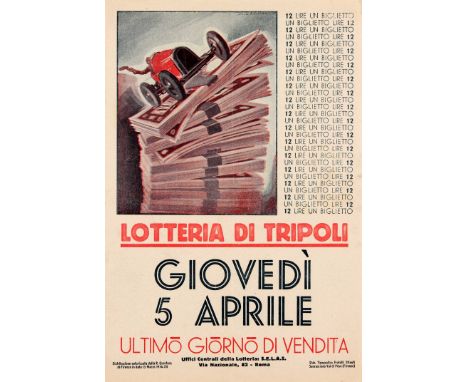 Original vintage advertising poster in Italian for the Lottery Tripoli on Thursday 5 April - last day of sales 12 Lire un big