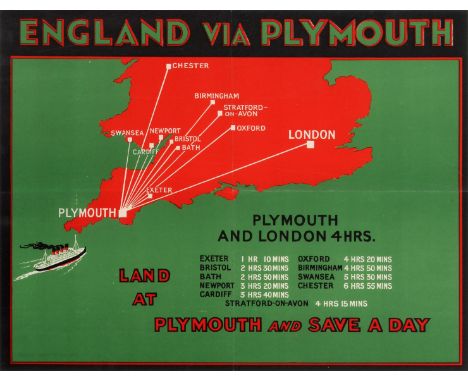 Original vintage travel advertising poster promoting service routes from Plymouth: England via Plymouth - Plymouth and London