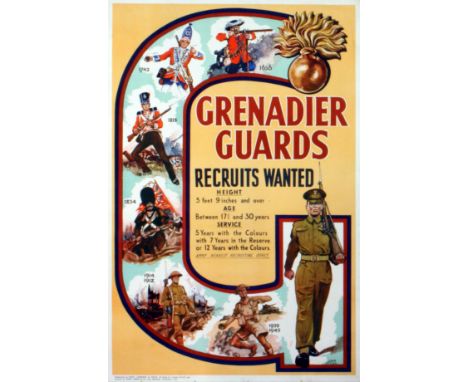 Original vintage Grenadier Guards Recruitment poster designed by John McCail. Pictures of the guards in various wars, World W