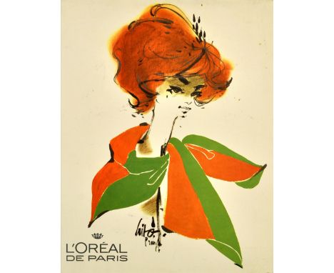 Original vintage advertising poster for L'Oreal de Paris featuring a lady with brown hair wearing a fashionable scarf. Design