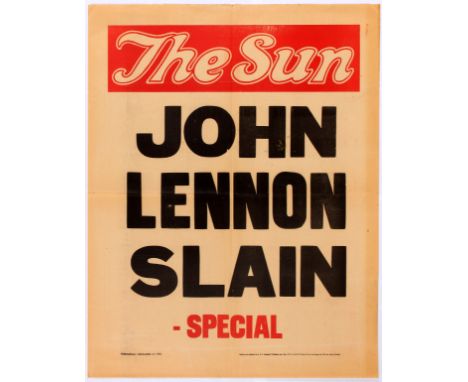 Original vintage advertising poster issued by the newspaper The Sun John Lennon Slain. Advertising board poster issued for di