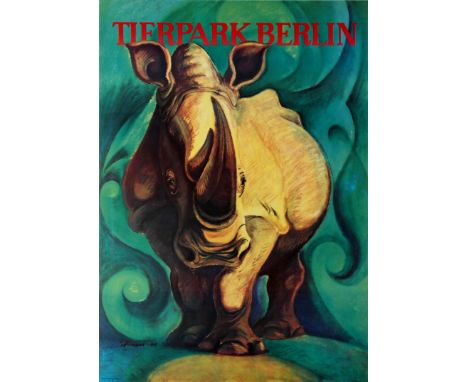 Original vintage advertising poster promoting Tierpark Zoo in Berlin. This colourful poster features a fantastic artwork by R
