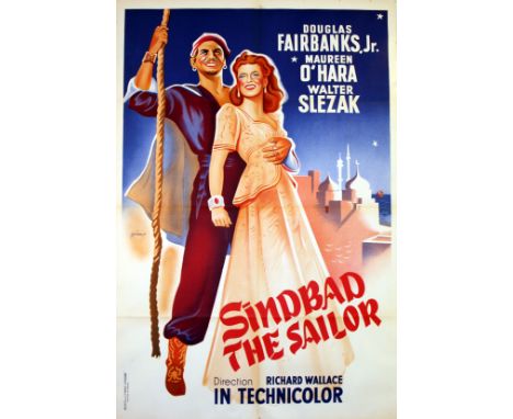 Original vintage movie poster for the 1947 film Sindbad the Sailor starring Douglas Fairbanks Jr. as Sinbad, Maureen O'Hara a