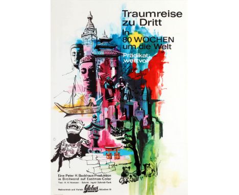 Original vintage movie poster for a German documentary film Traumreise Zu Dritt In 80 Wochen um die Welt (Dream Trip 80 weeks