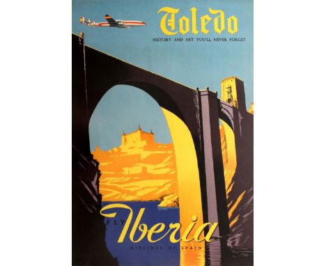 Original vintage travel poster advertising Toledo - history and art you'll never forget - Fly by Iberia airlines of Spain. Gr