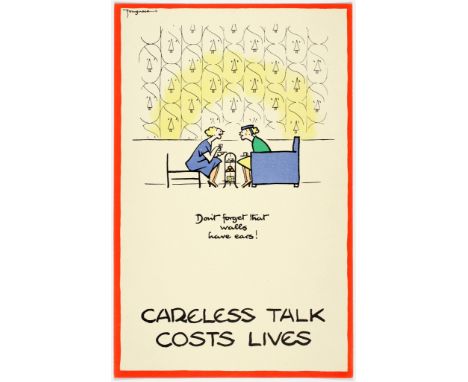 Original vintage World War Two UK propaganda poster: Careless Talk Costs Lives "Don't forget that walls have ears".  Two ladi