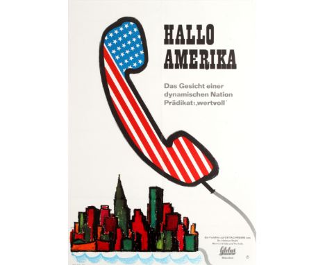 Original vintage movie poster for a Swiss documentary film Hallo Amerika directed by Helmut Stahl - Das gesicht einer dynamis