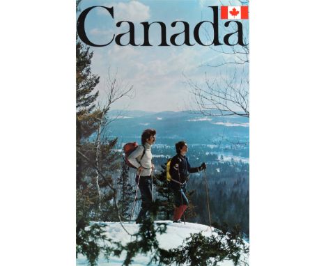 Original vintage travel advertising poster promoting winter holidays and skiing in Canada with a photographic image showing t