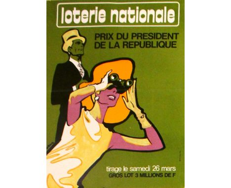Original vintage poster for the Prix du President de la Republique, Loterie Nationale. Image of a fashionably dressed lady ho