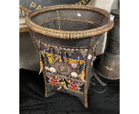 EAST KALIMANTON WOVEN INDIGENOUS BASKET - HEIRLOOM BEADS &amp; BELLS 50.5CMS (W) APPROX