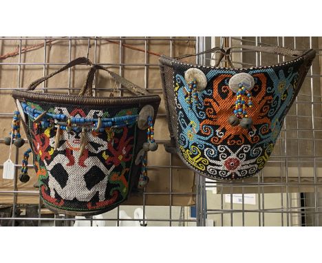 KENYAH DYAK WOVEN PAIR OF RATTAN BABY CARRIERS EAST KALIMANTON BEAD WORK PATCH HEIRLOOM BEADS/BELLS &amp; ANIMAL TEETH