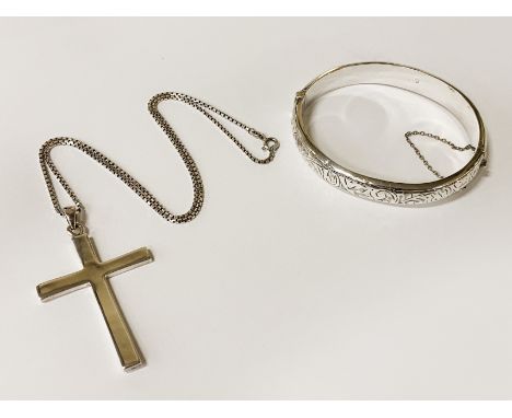 HM SILVER BANGLE &amp; SILVER CROSS ON CHAIN 336 GRAMS APPROX