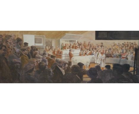 William Goldart (b.1936). Cattle auction, artist signed limited edition print, 246/750, 26cm x 65cm.