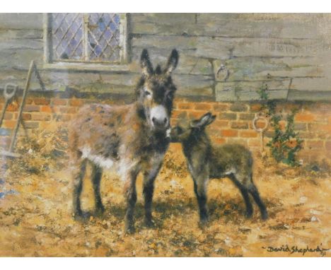 David Shepherd (1931-2017). Donkey Talk, artist signed limited edition print, 539/1500, 18cm x 25cm and two others, Mrs P and