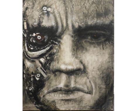 Joey Parkin (21stC). Terminator, I'll Be Back, portrait, mixed media, signed, 106cm x 82cm.