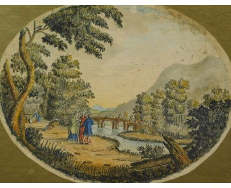 19thC English School. Regency figures on a path before bridge and hills, mixed media, watercolour, pencil and print, unsigned