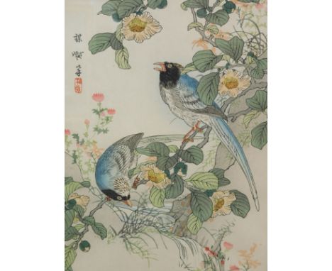 Bairei Kohno (1844-1895). Sasanqua and Heron, block print, signed, 34cm x 23cm, and another Wisteria and Turtle Dove (2).