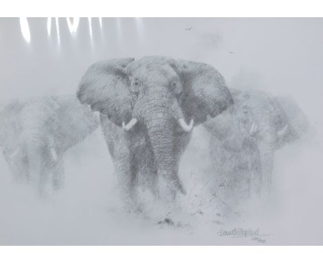 David Shepherd (1931-2017). Elephants - pencil drawing, artist signed limited edition print, 485/950, 23cm x 35cm with certif