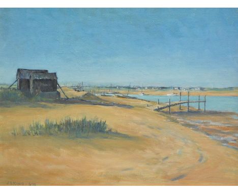 James S. King (20thC). Beach scene, jetty and boats before buildings, oil on board, signed and dated 6/75, 55cm x 45cm, a mat