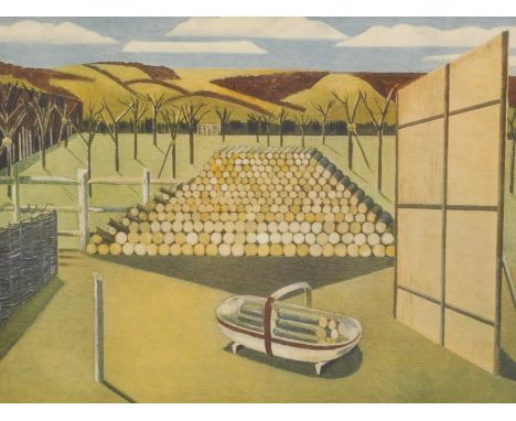 After Nash. Landscape at Iden, print, 40cm x 52cm. Label verso Sheridan Knowles &amp; Co. Ltd.