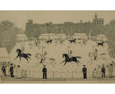 Vincent Haddelsey (1934-2010). Guards on horseback before Windsor Castle, artist signed lithograph proof, 29cm x 45cm.