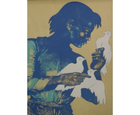 Moutafiase (fl.1974). Figure holding doves, artist signed screen print proof, 94cm x 65cm.