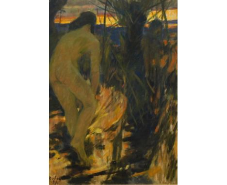 B. Hhypakobor** (20thC). Impressionist nude female, exterior setting, oil on canvas, indistinctly signed, 60cm x 50cm.