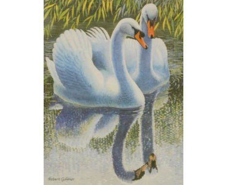 Gilmore. Swans, print, 22cm x 16cm, various others, after Tunnicliffe, framed set of four Players cigarette cards, other wild