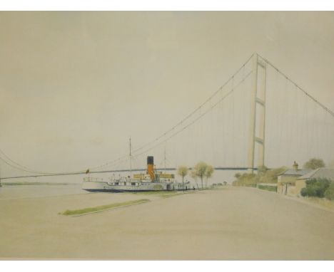 Roger Davies (b.1945). The Humber Bridge and P.S. Lincoln Castle, print, signed and titled, 32cm x 49cm.