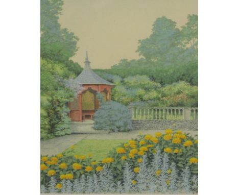 Aldama. Garden with pagoda and fence, artist signed limited edition print, 116/120, 27cm x 23cm.
