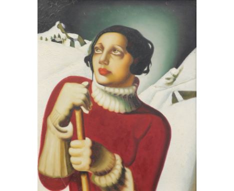 School of Tamara de Lempicka. Portrait, figure of a lady quarter profile before snowcapped hills, oil on canvas, unsigned, 60