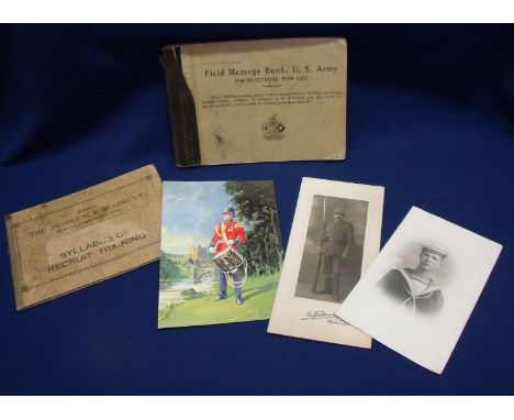 Selection of various military related paperwork including WWI German studio photo, a RNVR photo, postcard of Green Howards dr