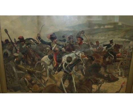 Large gilt framed print depicting The charge of the Light Brigade engaging the Russian guns 