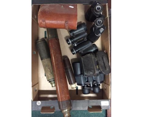 Selection of various binoculars including Opera glasses, field glasses including Sunagor 10 x 40 x 50, a single drawer brass 