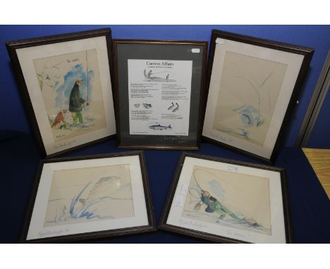 Set of four framed comic watercolours depicting fishing scenarios by Mark Hukinfan signed in pencil by the artist and framed 