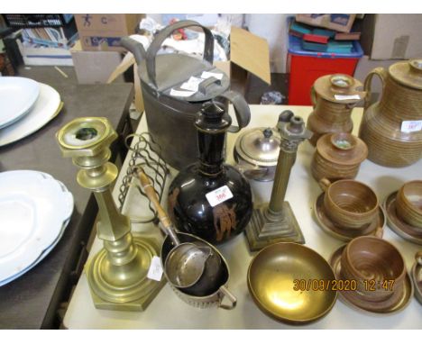 BRASS CANDLESTICK, POTTERY VASE AND COVER WITH CLASSICAL DECORATION AND METAL WATERING CAN AND PLATED TEA POT