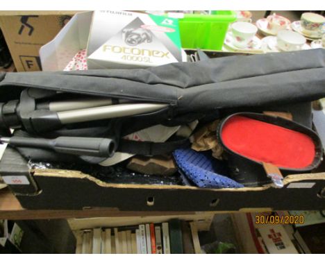 BOX OF CAMERA EQUIPMENT INCLUDING TRIPOD AND SOME FUJI FILM ETC PLUS QUANTITY OF MILITARY TYPE BANDAGES