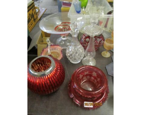 GLASS WARES INCLUDING DECANTER, CANDLESTICK, LARGE ART GLASS BOWL, SMALL CUT GLASS BASKET