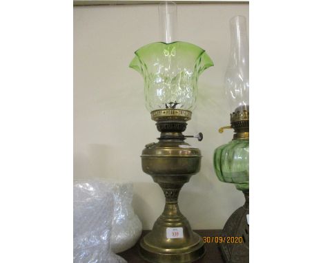 OIL LAMP WITH GREEN GLASS SHADE