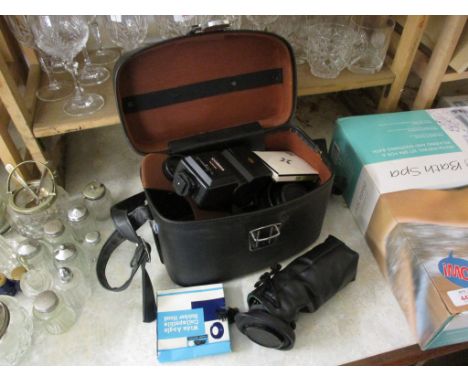 BOX CONTAINING VARIOUS CAMERA EQUIPMENT