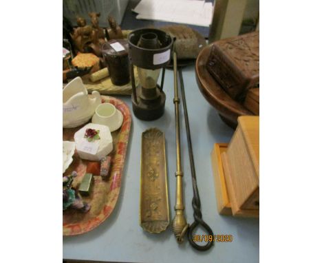 BRASS DISH AND LAMP AND FIRESIDE IMPLEMENTS