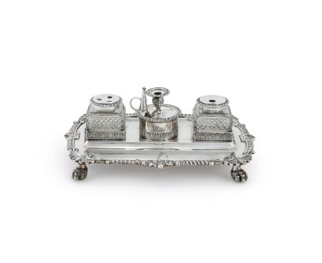 A GEORGE III SILVER SHAPED OBLONG INKSTAND JOSEPH CRADDOCK & WILLIAM KER REID, LONDON 1813 AND 1814 With a gadrooned, foliate