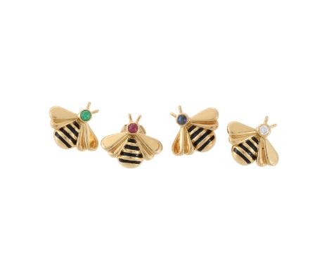 CARTIER, FOUR GEM AND BLACK ENAMEL SCATTER BEE PINS   CIRCA 1990  The bees with black enamelled stripes and polished gold col