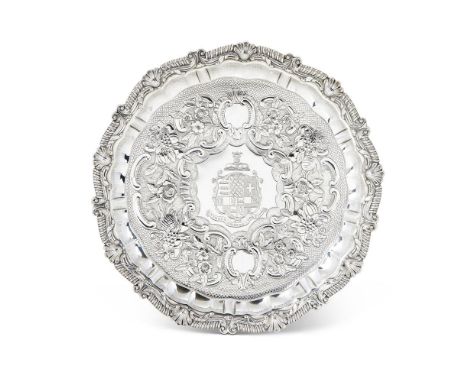 A GEORGE III SILVER SHAPED CIRCULAR SALVER J. E. TERRY & CO., LONDON 1817 With a raised gadrooned and foliate border, chased 