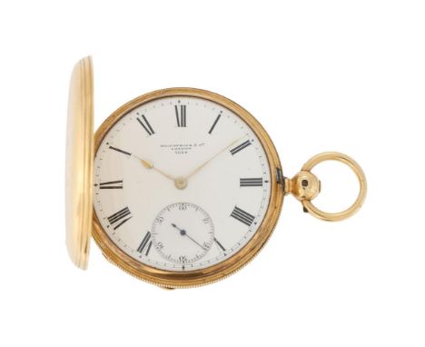 KILPATRICK & CO., LONDON  AN 18 CARAT GOLD FULL HUNTER POCKET WATCH, NO. 3624, CIRCA 1862Movement: Three quarter plate moveme