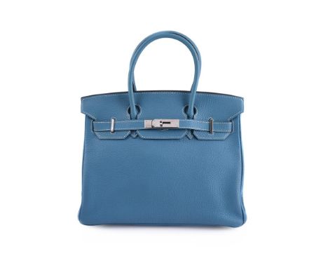 HERMÈS, BIRKIN 30, A BLUE JEAN TOGO LEATHER HANDBAG  CIRCA 2006    With twin rolled handles, palladium hardware, opening to a