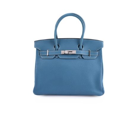 HERMÈS, BIRKIN 30, A BLUE JEAN TOGO LEATHER HANDBAG  CIRCA 2006    With twin rolled handles, palladium hardware, opening to a